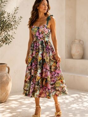 Floral Tie-Shoulder Midi Dress in Multi Colors Size Small